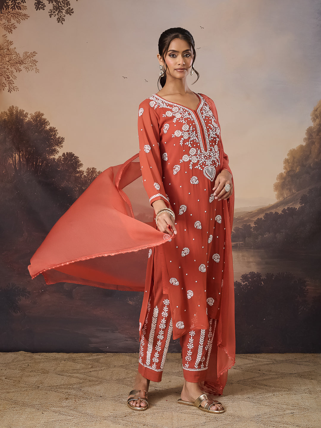 SHIRIN CHIKANKARI GEORGETTE RUST KURTA SET
