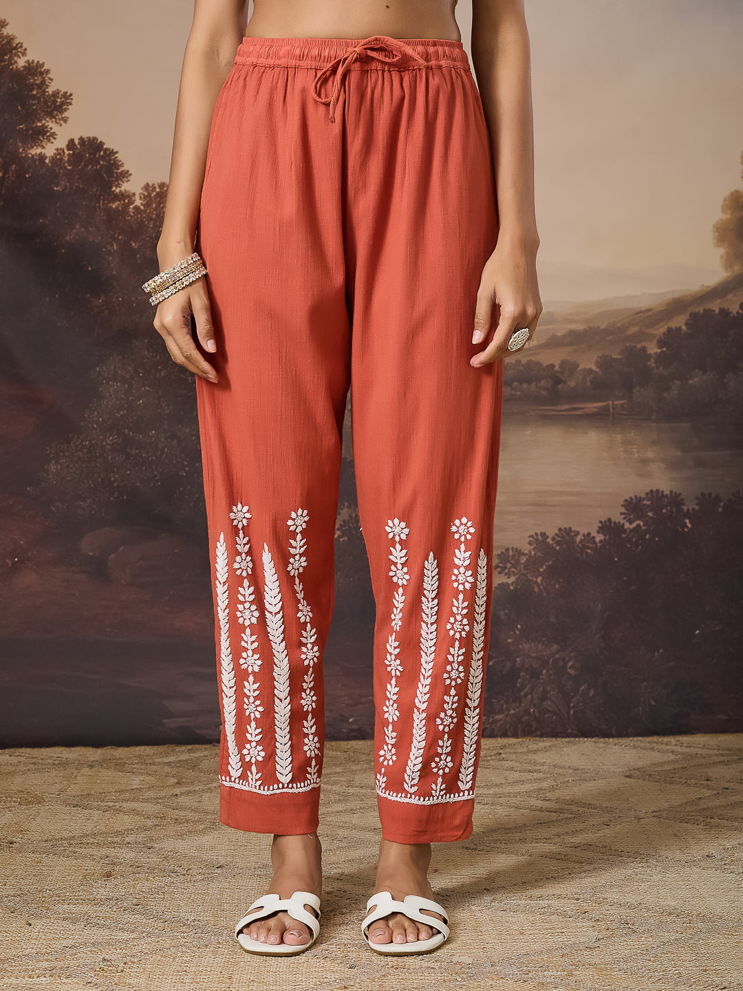 ZOLA CHIKANKARI RUST COTTON PANTS