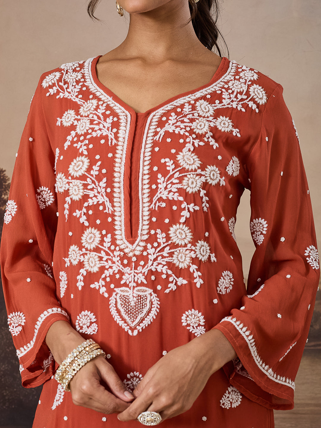 SHIRIN CHIKANKARI GEORGETTE RUST KURTA SET