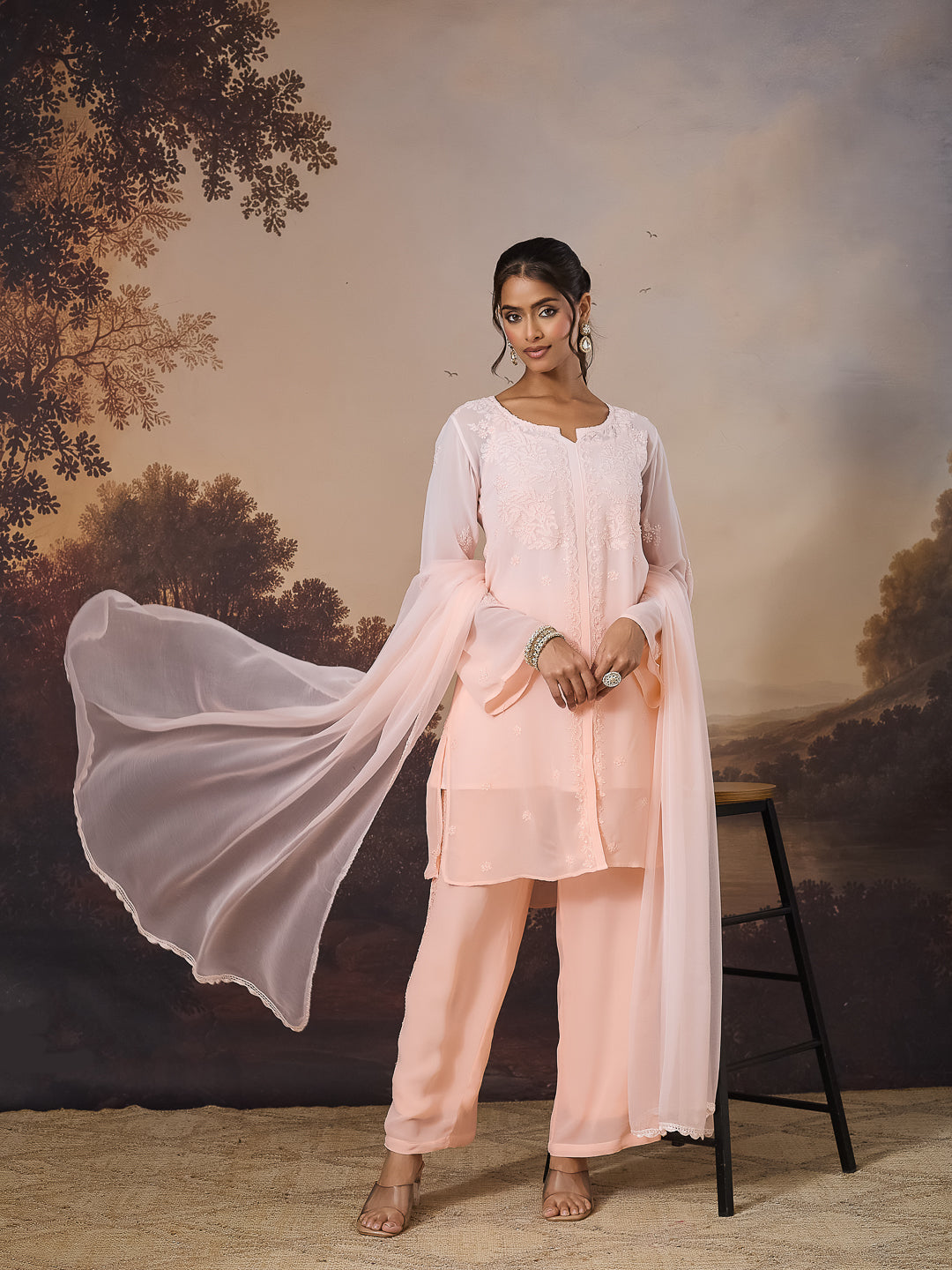SHAYA CHIKANKARI BEIGE GEORGETTE STRAIGHT PANTS