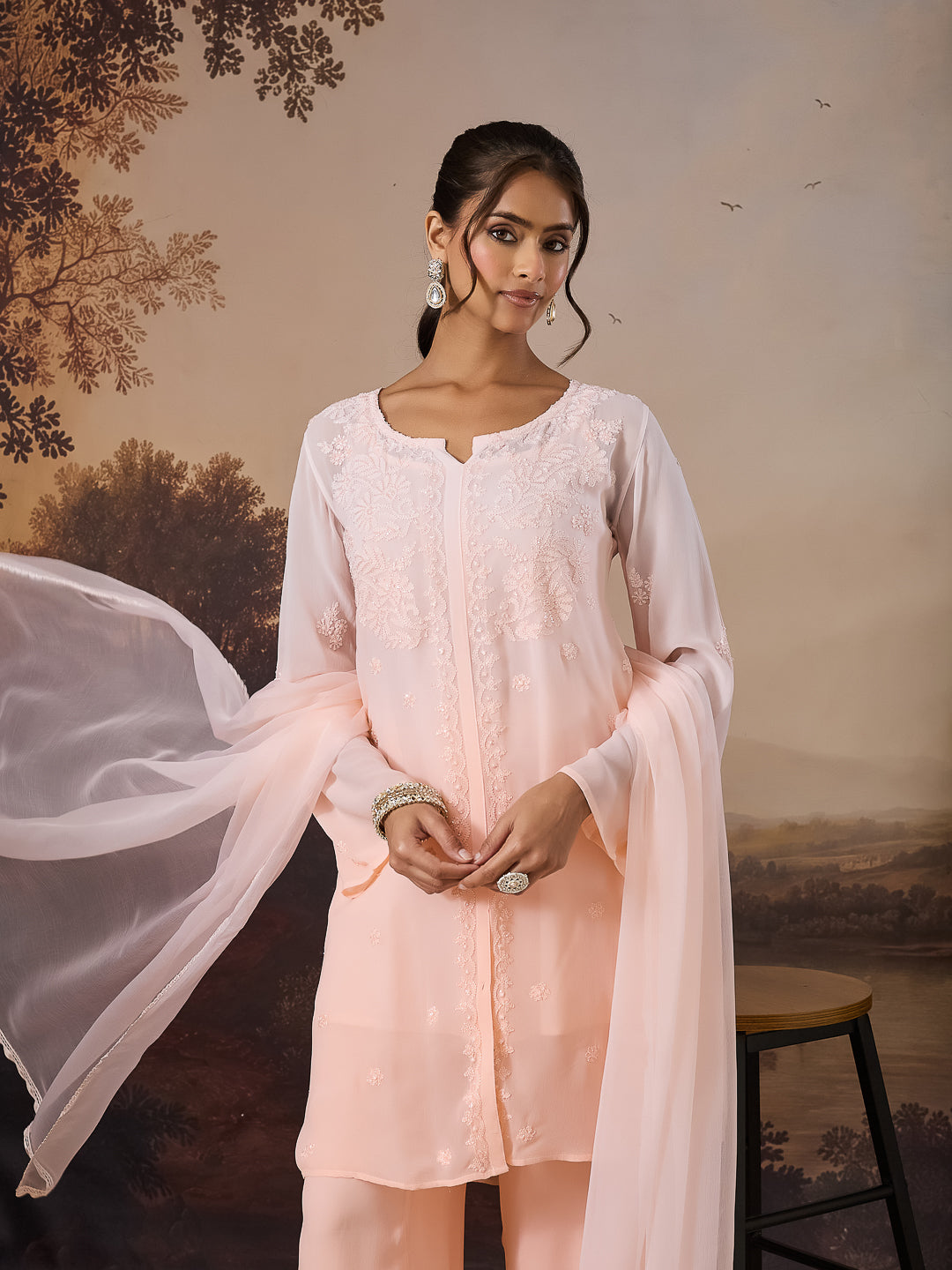 VERIN CHIKANKARI GEORGETTE PEACH TOP