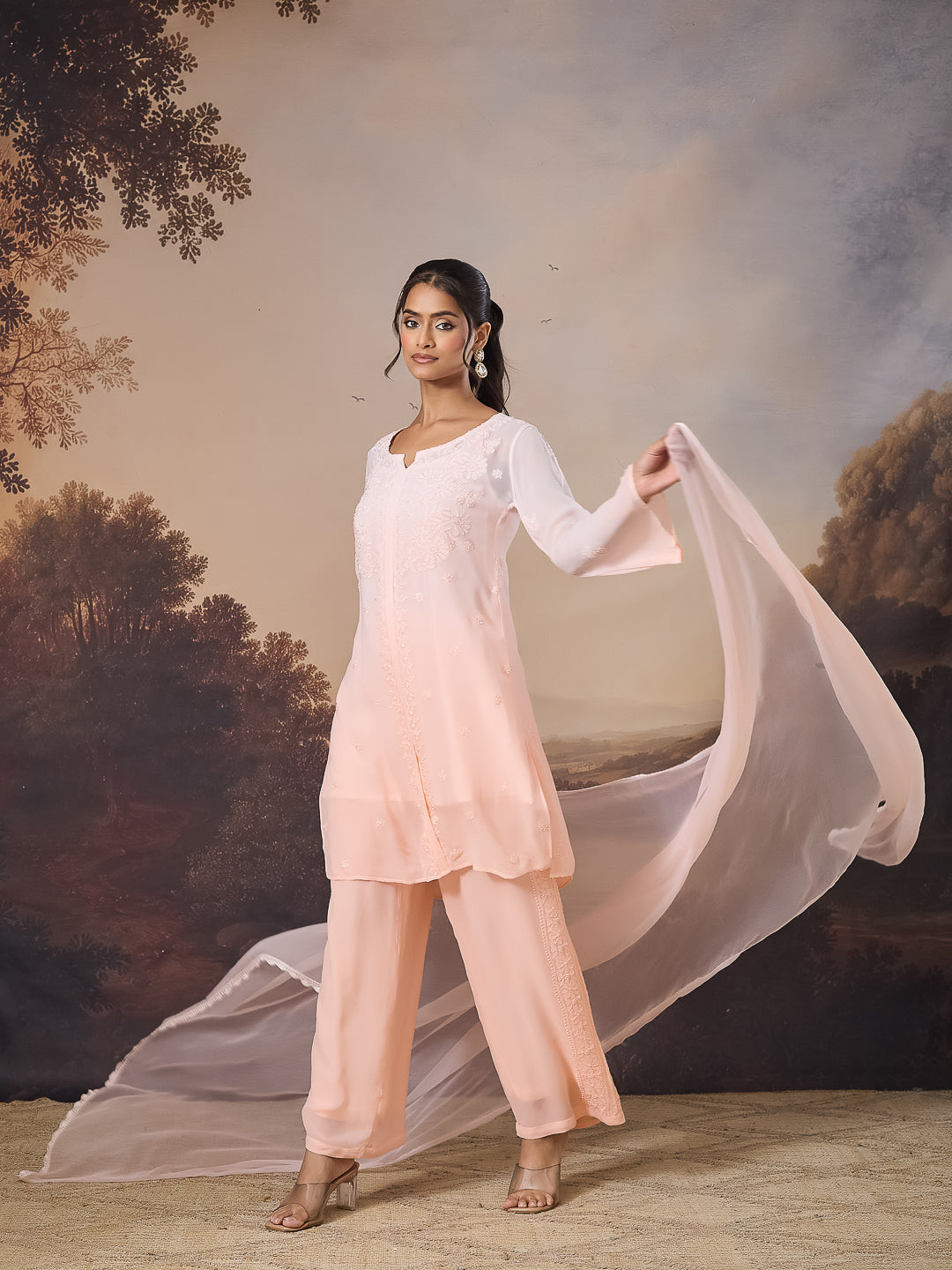 VERIN CHIKANKARI GEORGETTE PEACH TOP
