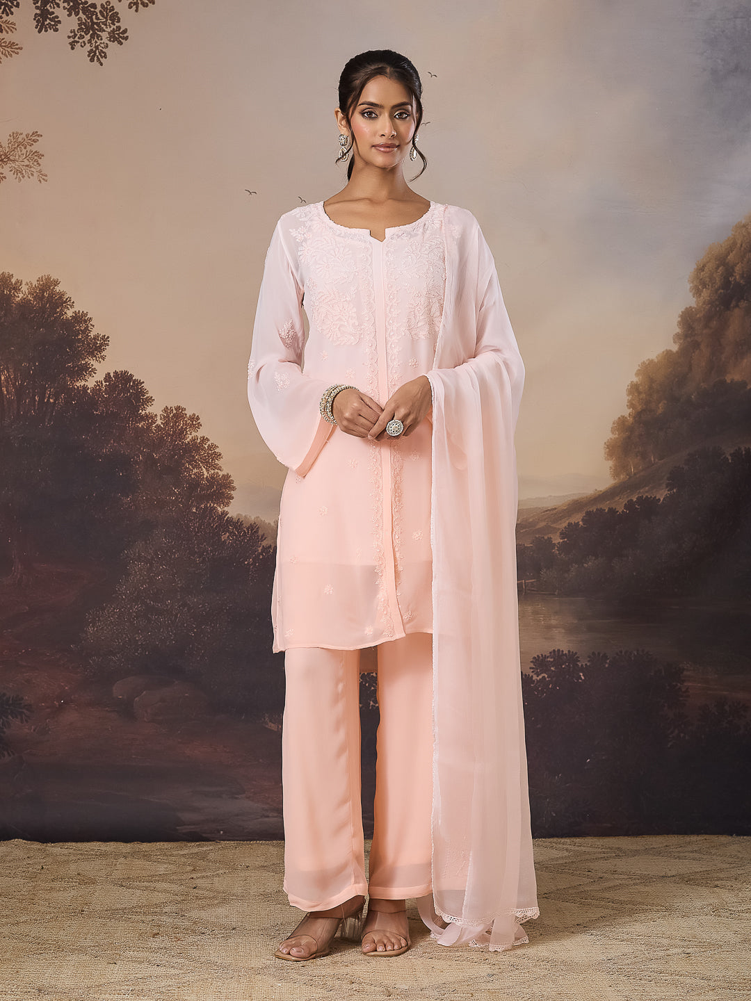 VERIN CHIKANKARI GEORGETTE PEACH TOP