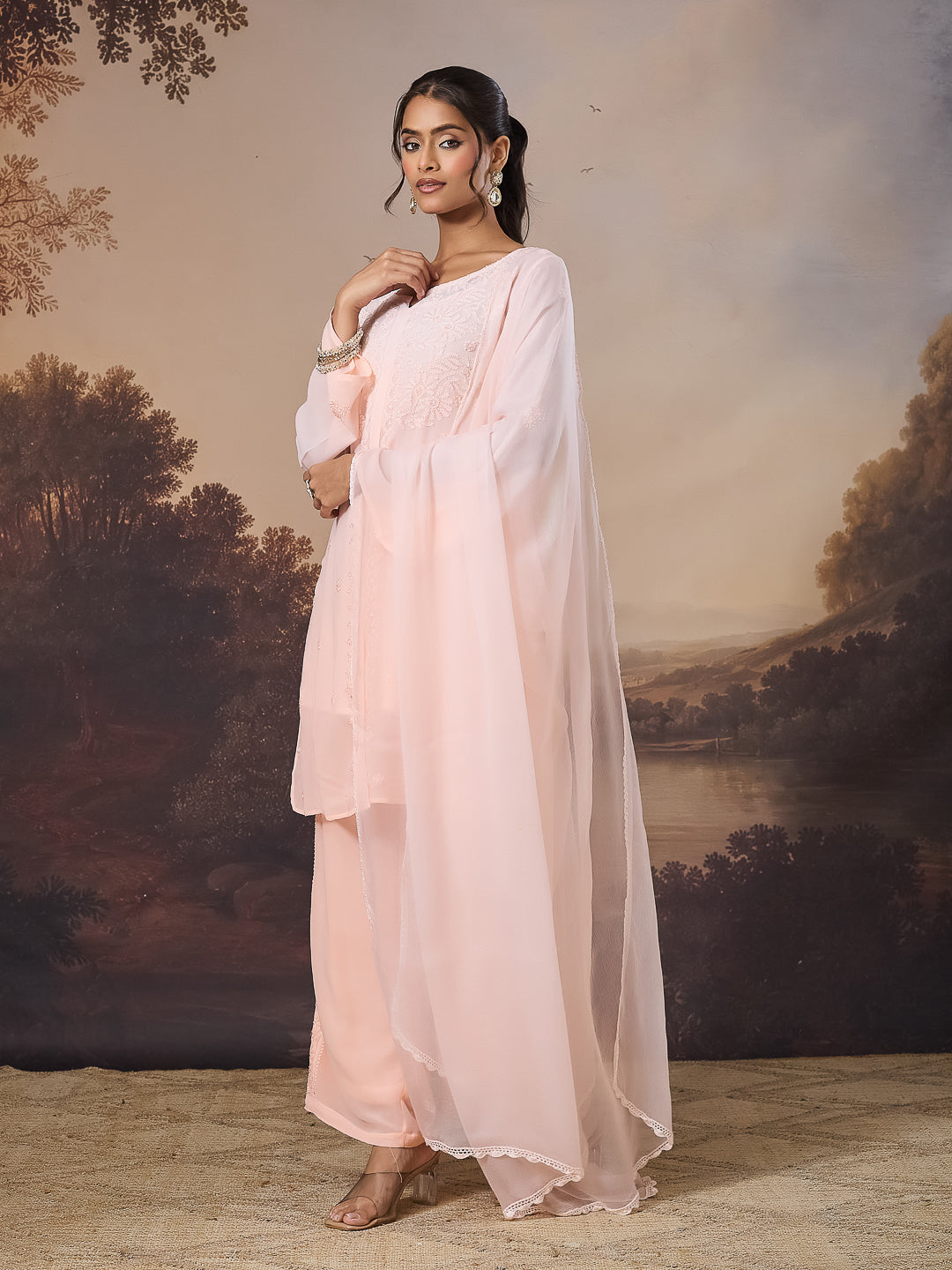 VERIN CHIKANKARI GEORGETTE PEACH TOP