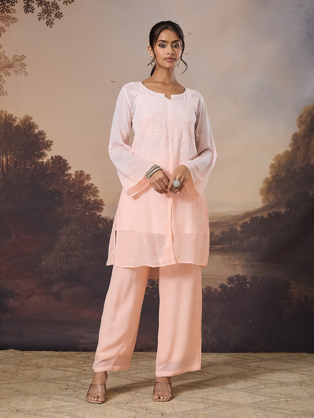 VERIN CHIKANKARI GEORGETTE PEACH CO-ORD SET