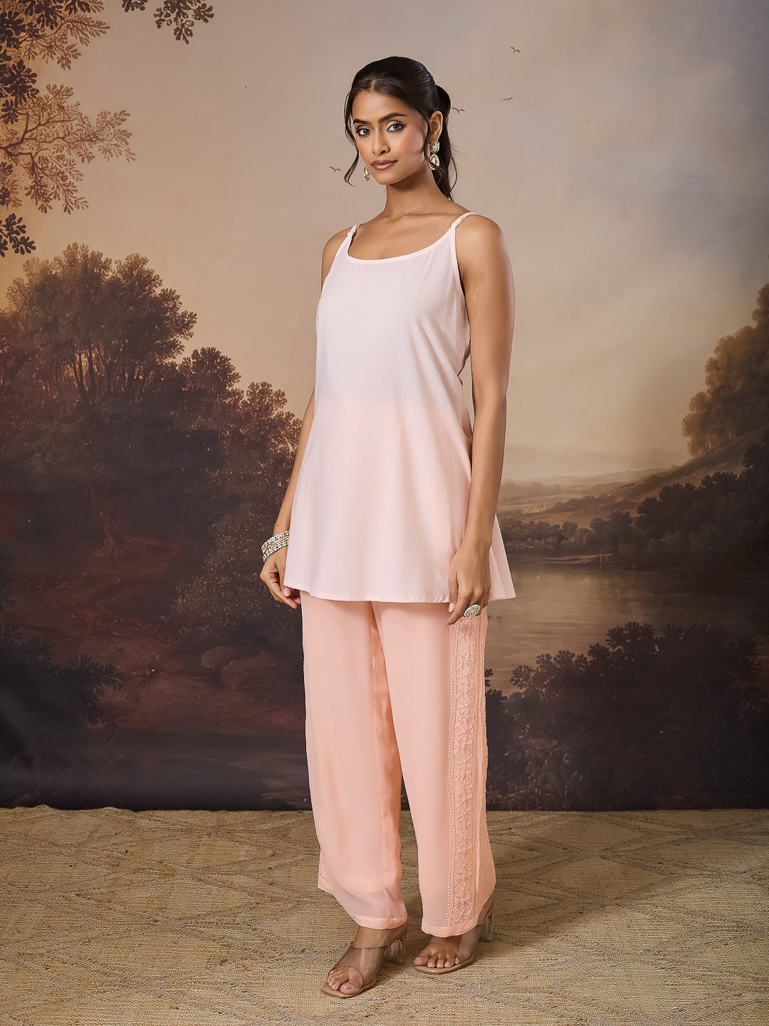 VERIN CHIKANKARI GEORGETTE PEACH TOP