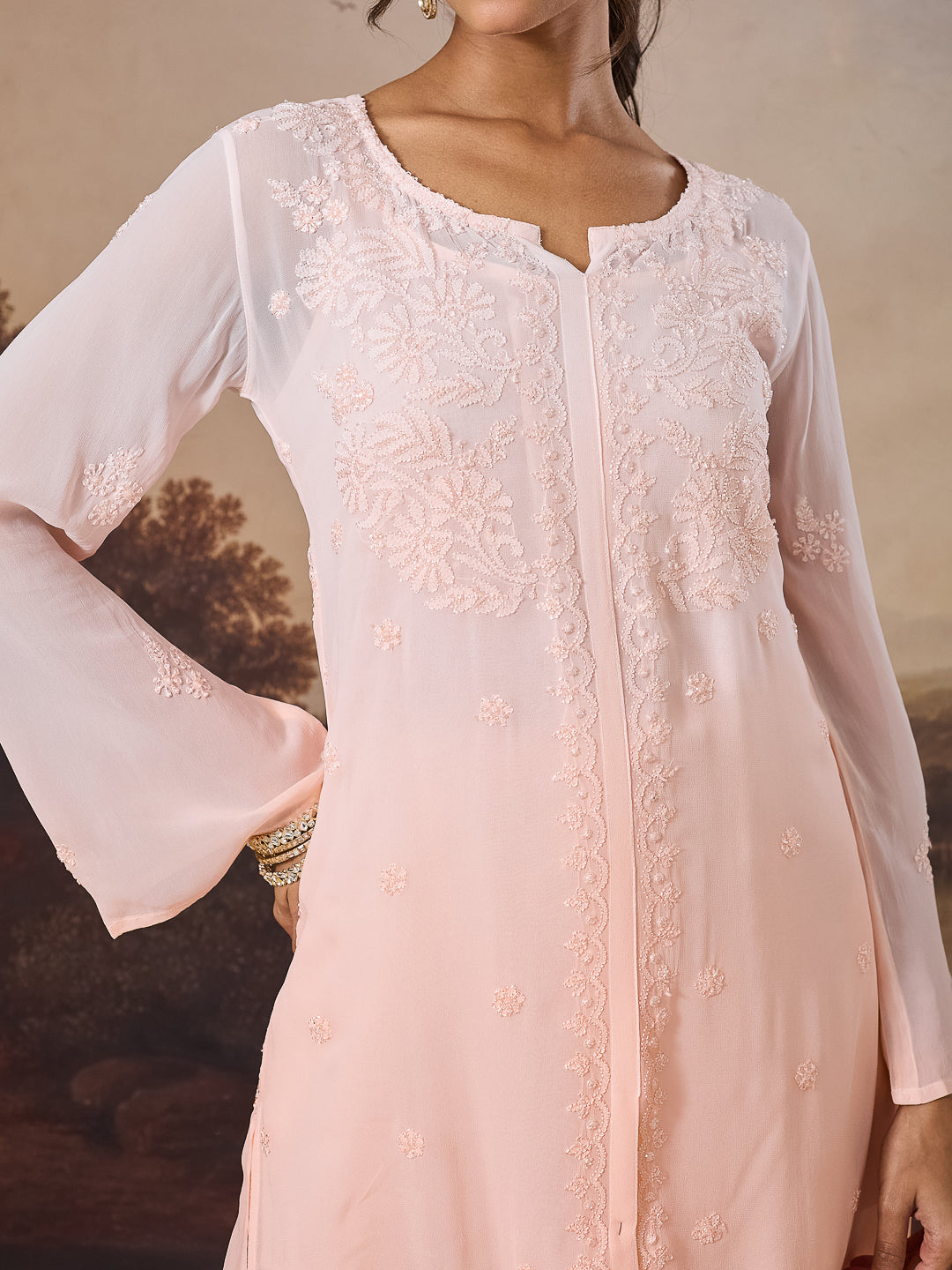 VERIN CHIKANKARI GEORGETTE PEACH TOP