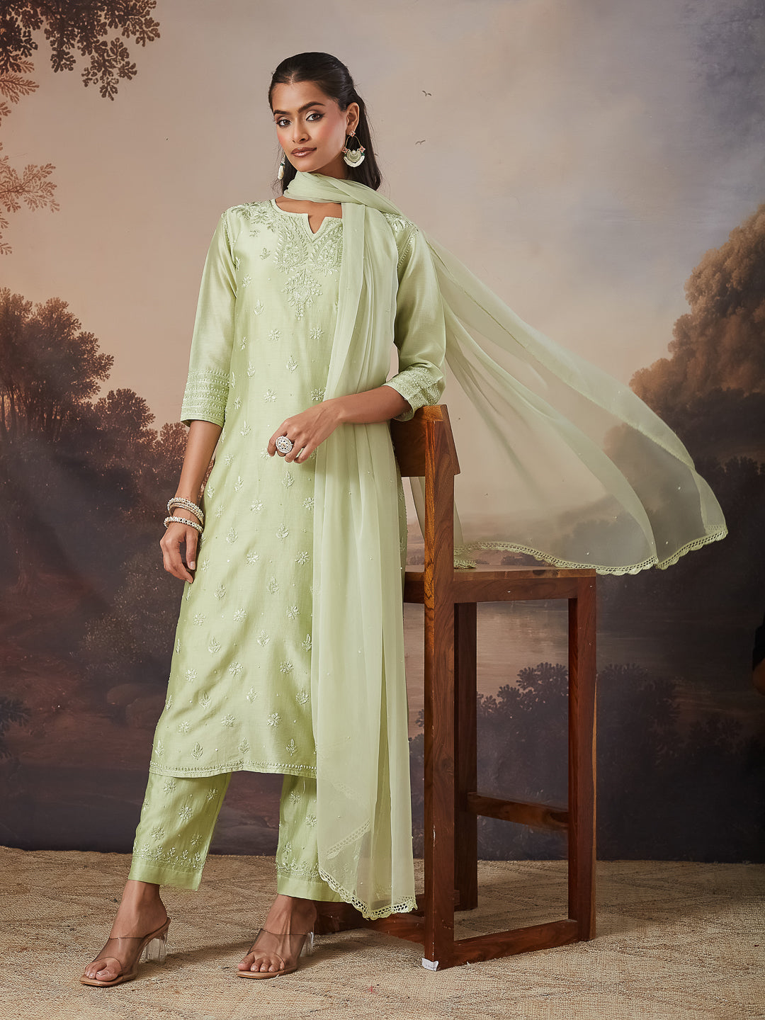 NEELAM CHIKANKARI CHANDERI GREEN KURTA SET
