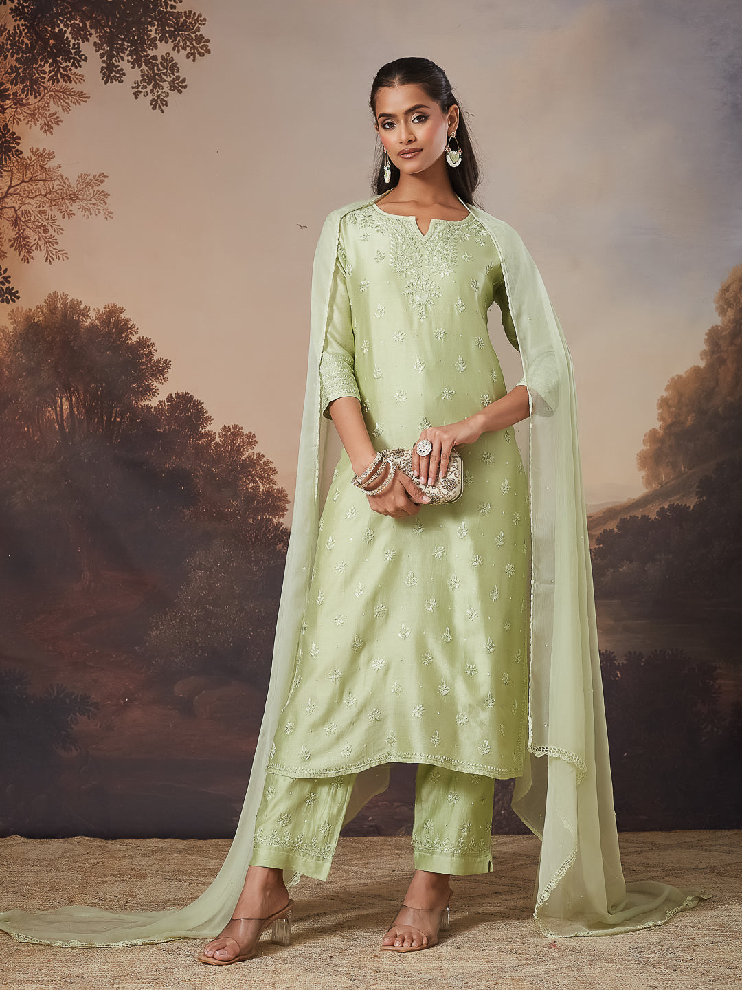 NEELAM CHIKANKARI CHANDERI GREEN KURTA SET