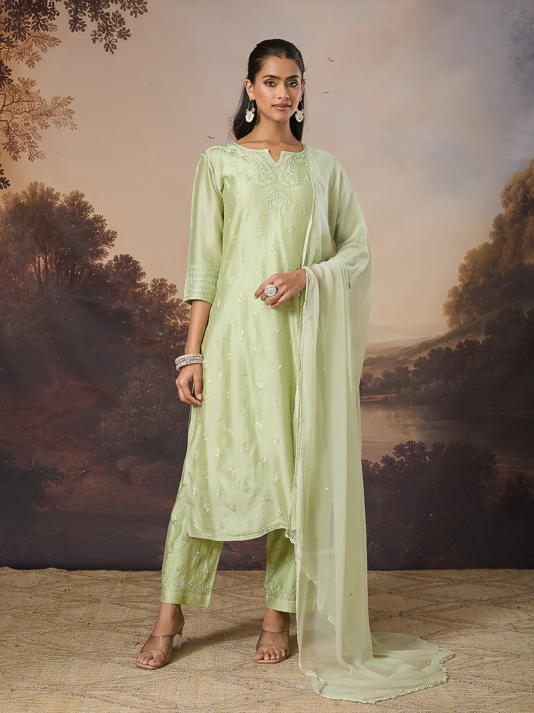 NEELAM CHIKANKARI CHANDERI GREEN KURTA SET