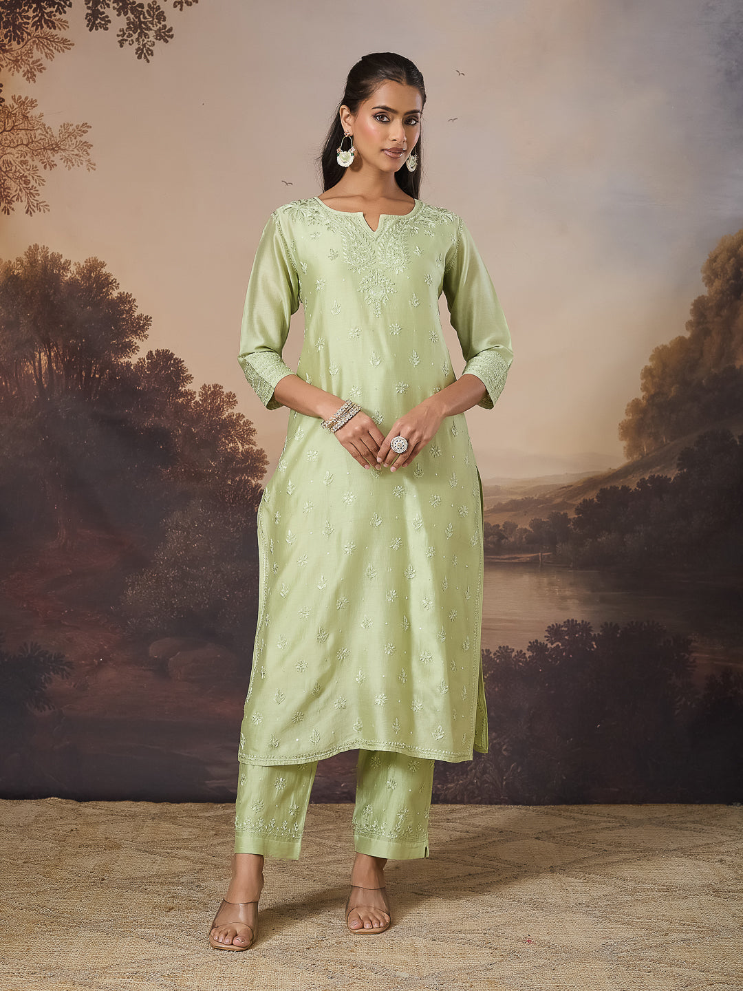 NEELAM CHIKANKARI CHANDERI GREEN KURTA SET