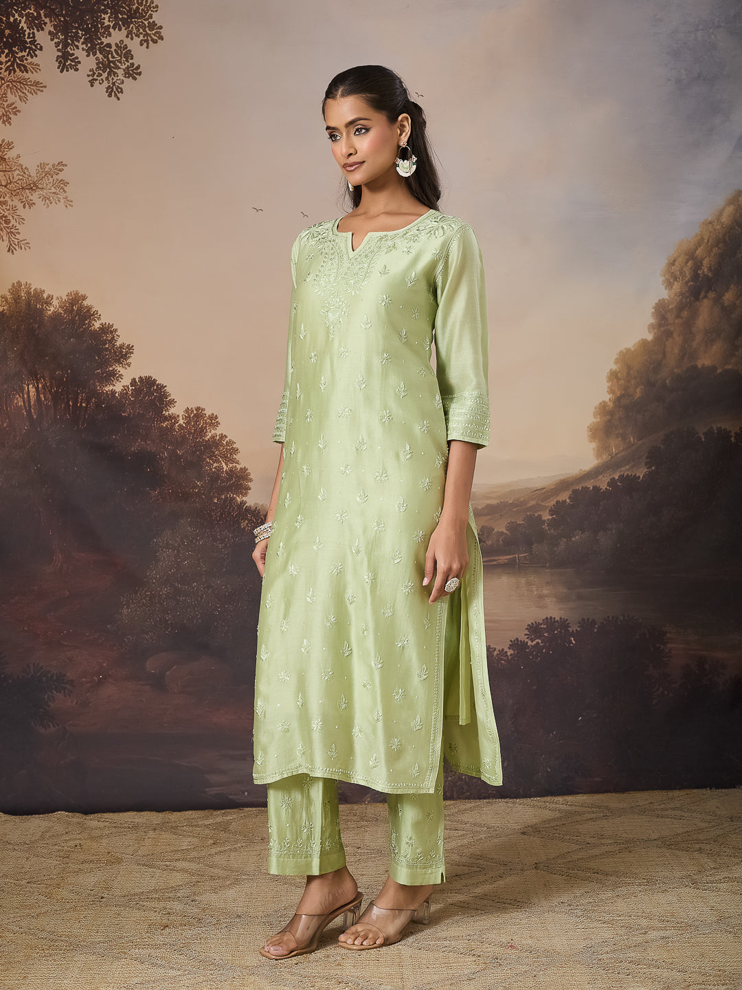 NEELAM CHIKANKARI CHANDERI GREEN KURTA SET