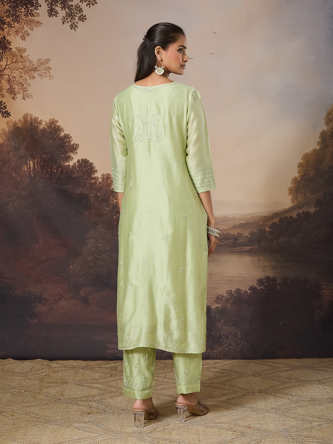 NEELAM CHIKANKARI CHANDERI GREEN KURTA SET
