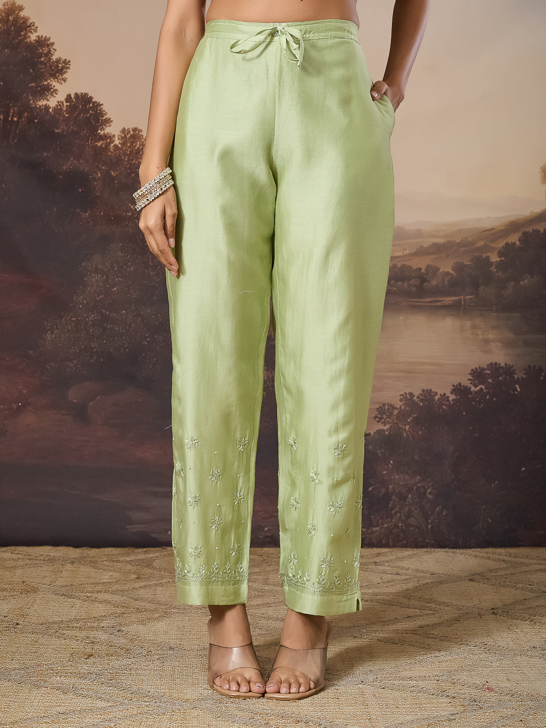 NEELAM CHIKANKARI CHANDERI GREEN KURTA SET