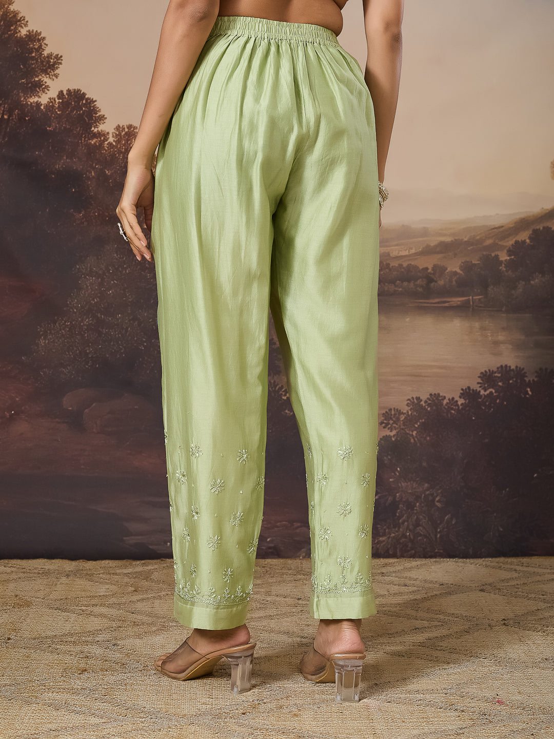 NEELAM CHIKANKARI CHANDERI GREEN KURTA SET