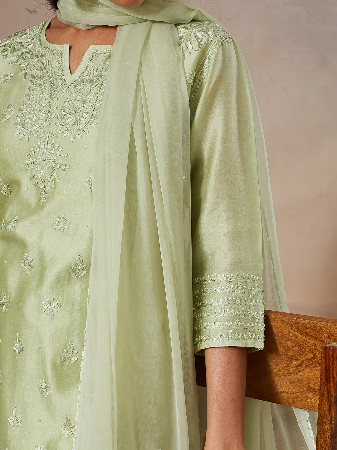 NEELAM CHIKANKARI CHANDERI GREEN KURTA SET