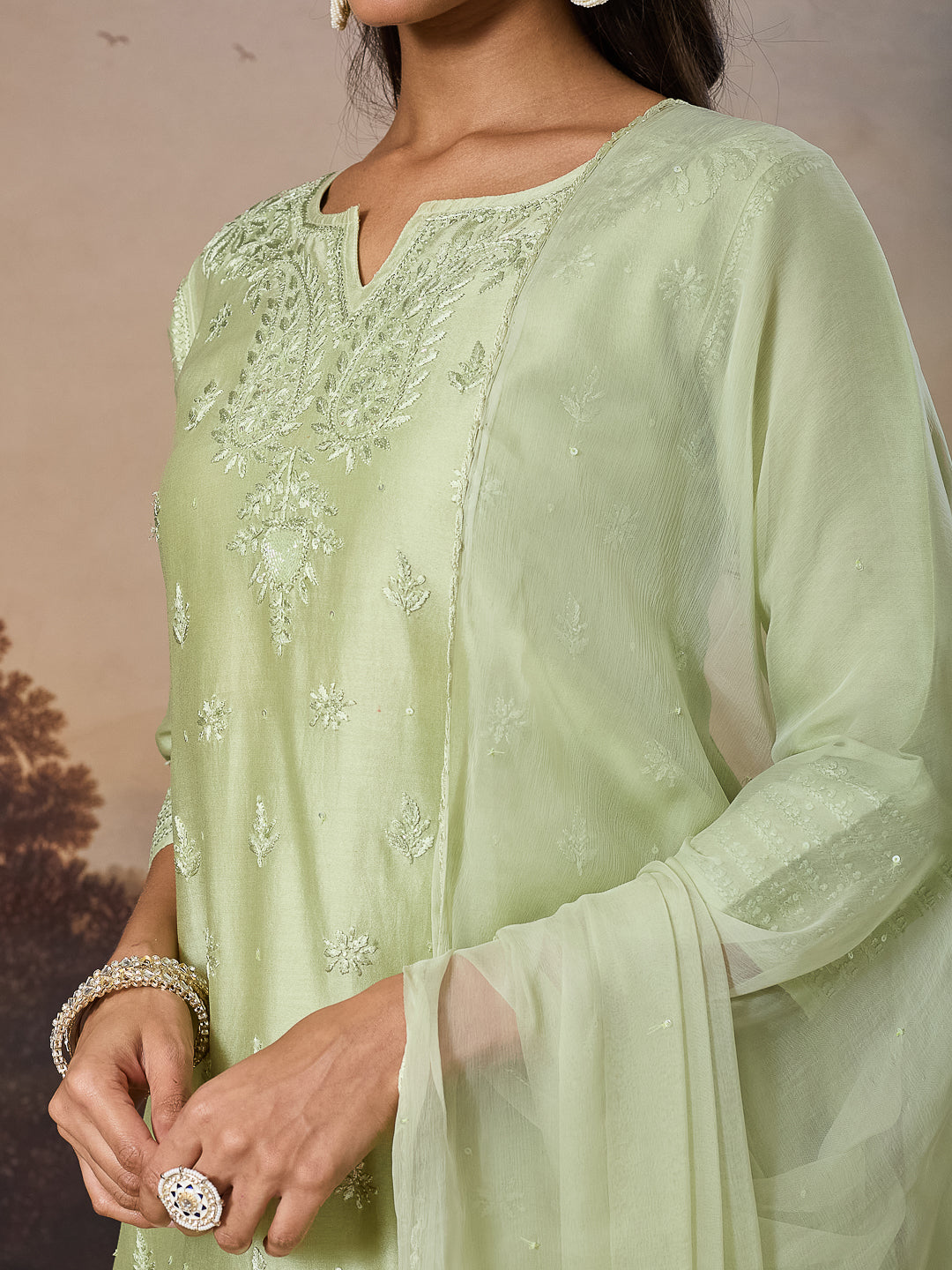 NEELAM CHIKANKARI CHANDERI GREEN KURTA SET
