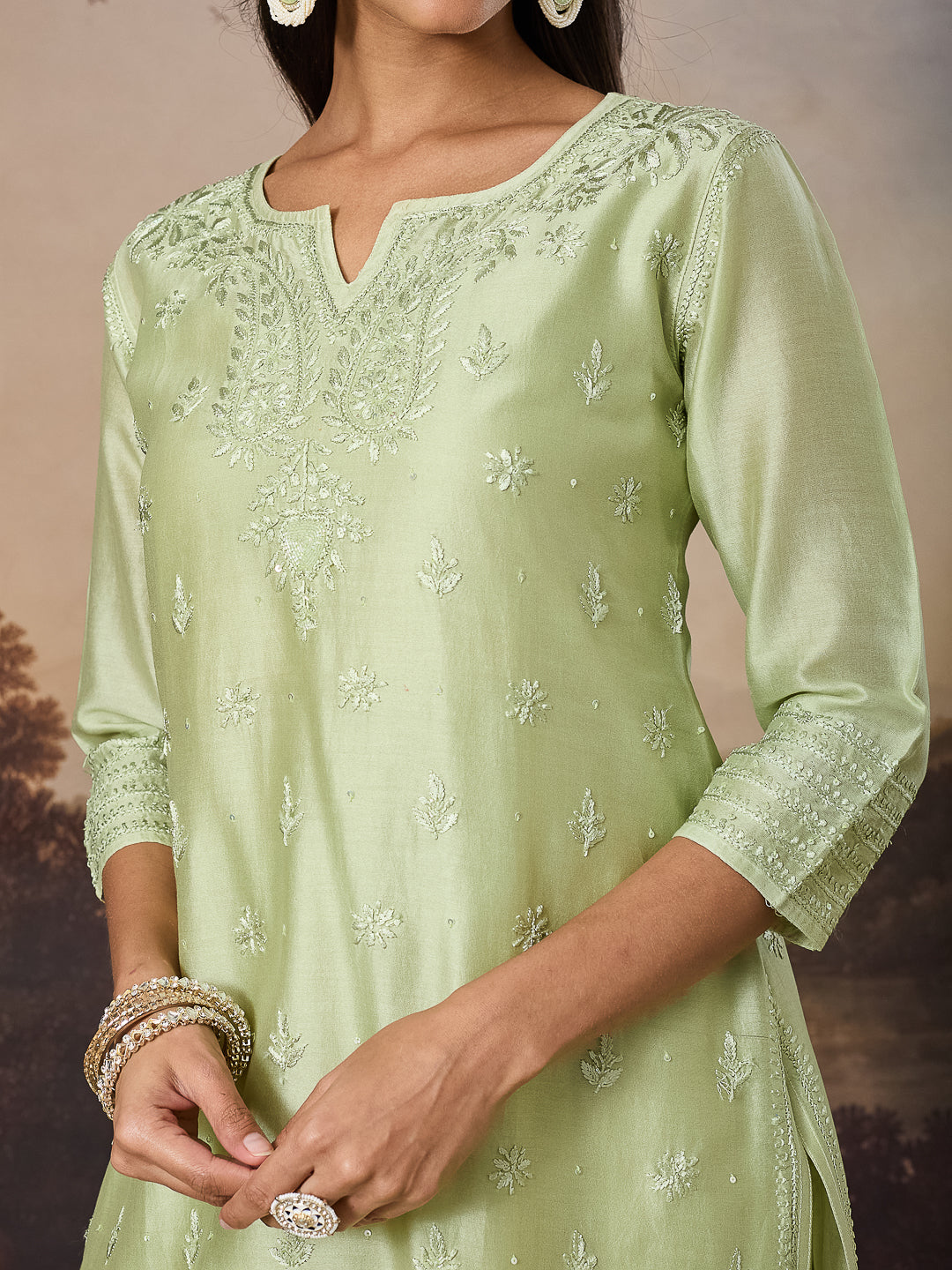 NEELAM CHIKANKARI CHANDERI GREEN KURTA SET