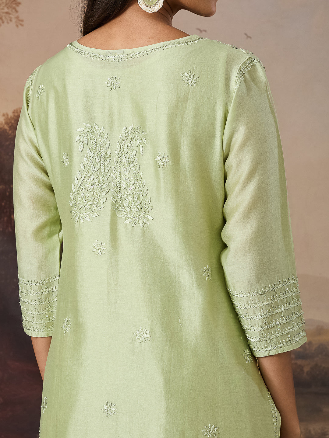 NEELAM CHIKANKARI CHANDERI GREEN KURTA SET