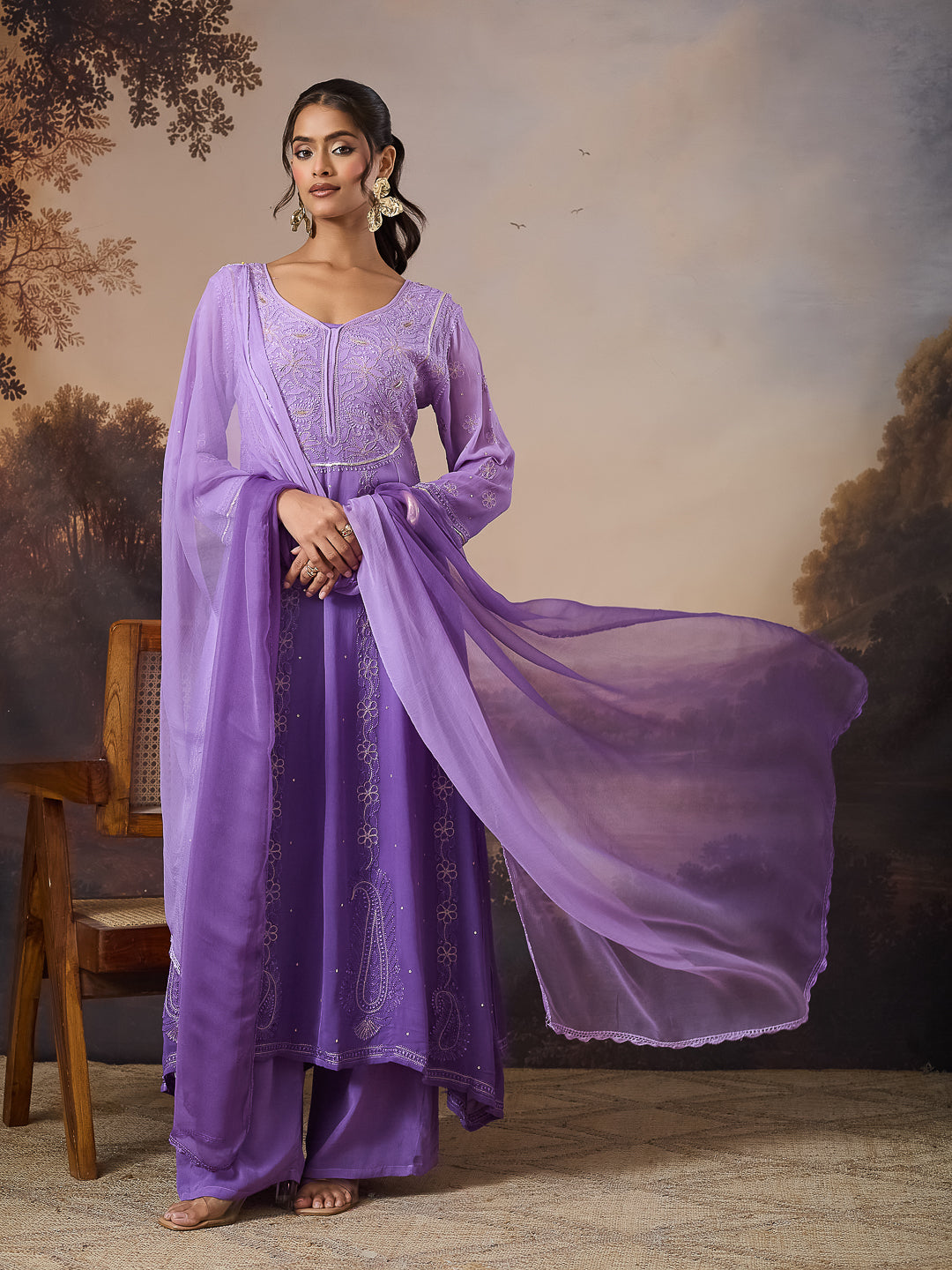ANARA CHIKANKARI GEORGETTE PURPLE ANARKALI