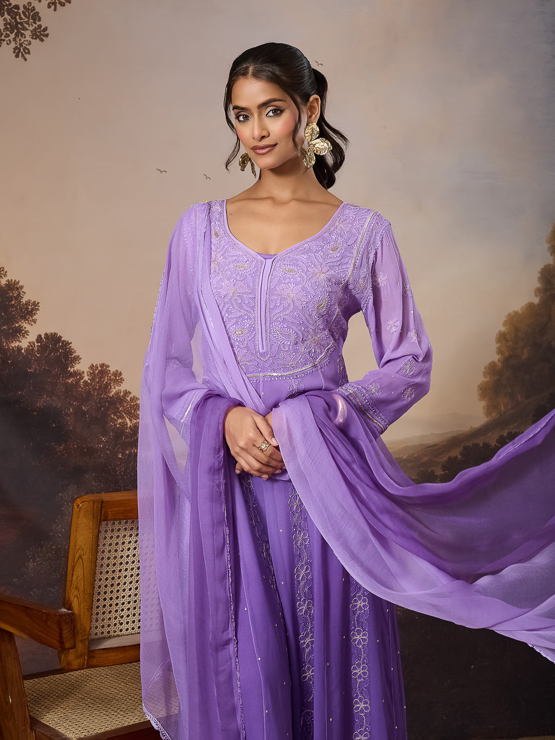 ANARA CHIKANKARI GEORGETTE PURPLE ANARKALI SET