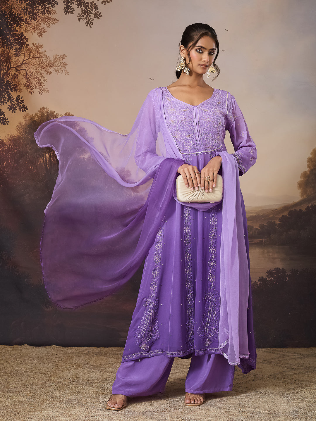 ANARA CHIKANKARI GEORGETTE PURPLE ANARKALI SET