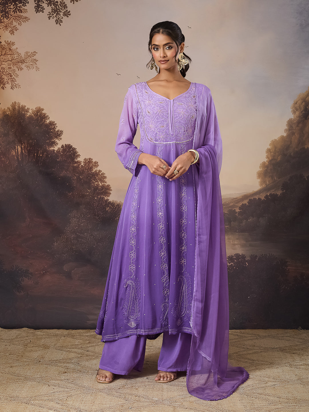 ANARA CHIKANKARI GEORGETTE PURPLE ANARKALI SET