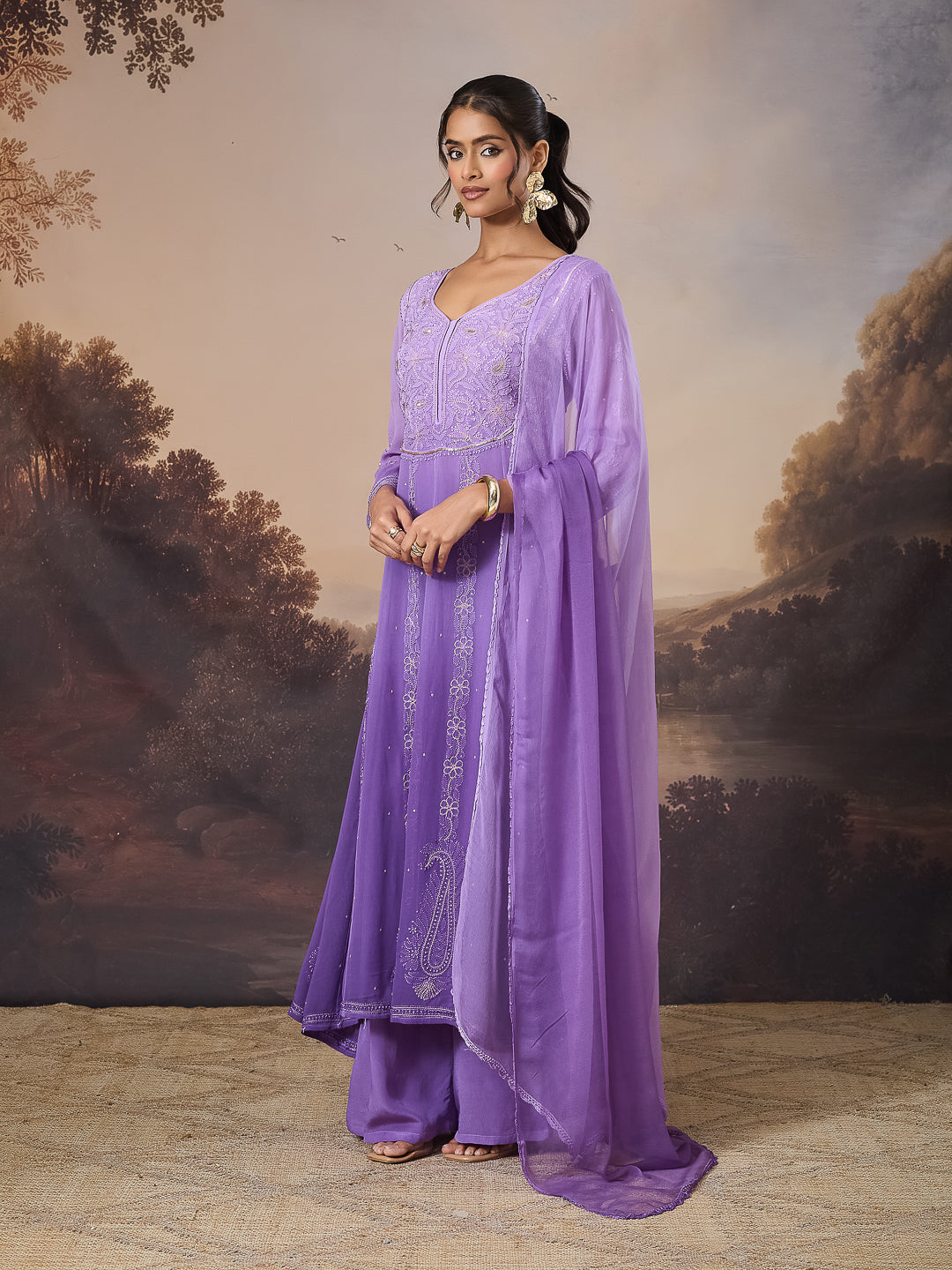 ANARA CHIKANKARI GEORGETTE PURPLE ANARKALI SET