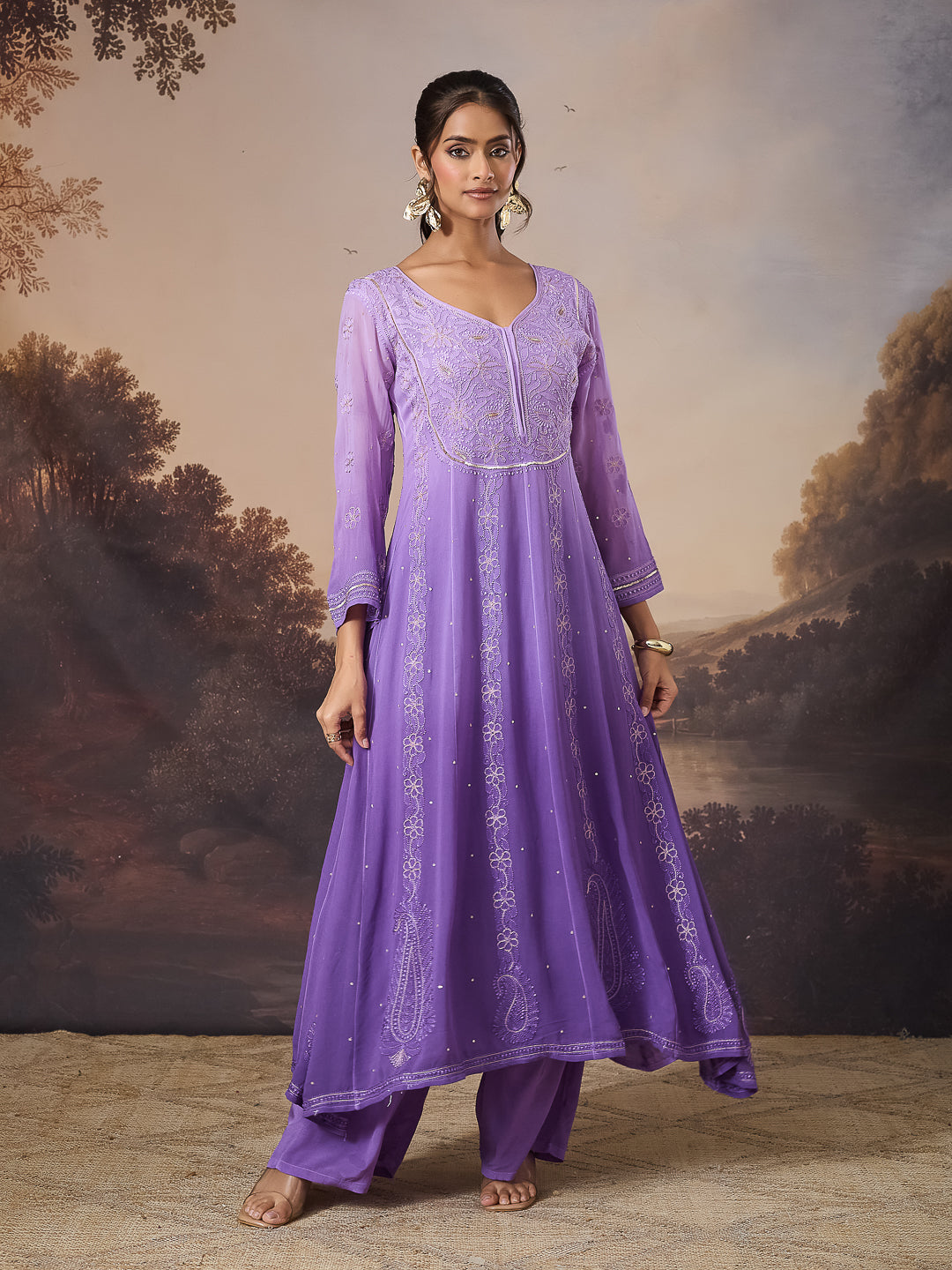ANARA CHIKANKARI GEORGETTE PURPLE ANARKALI SET