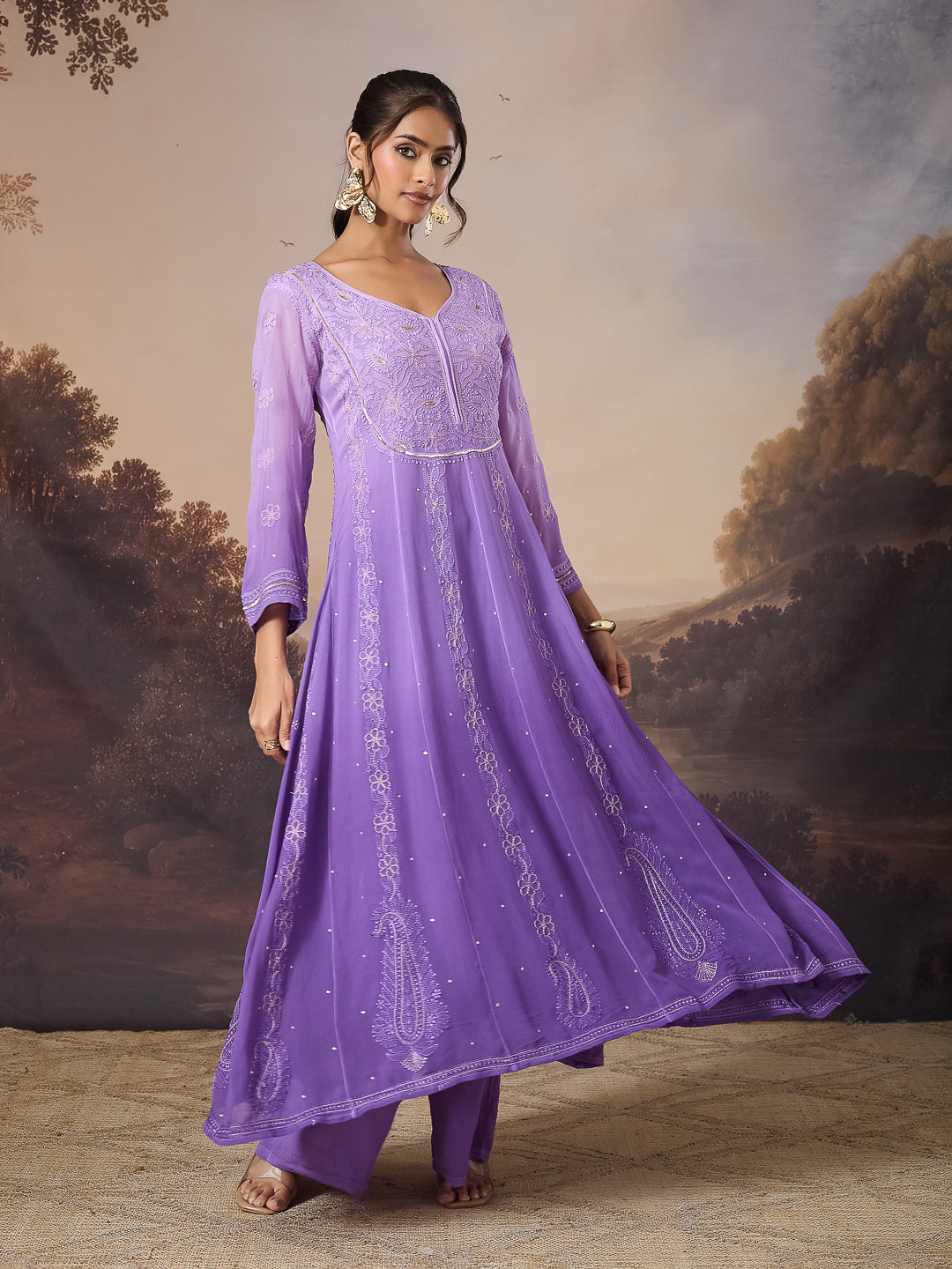 ANARA CHIKANKARI GEORGETTE PURPLE ANARKALI