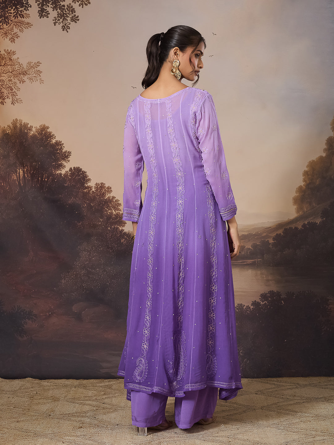 ANARA CHIKANKARI GEORGETTE PURPLE ANARKALI SET