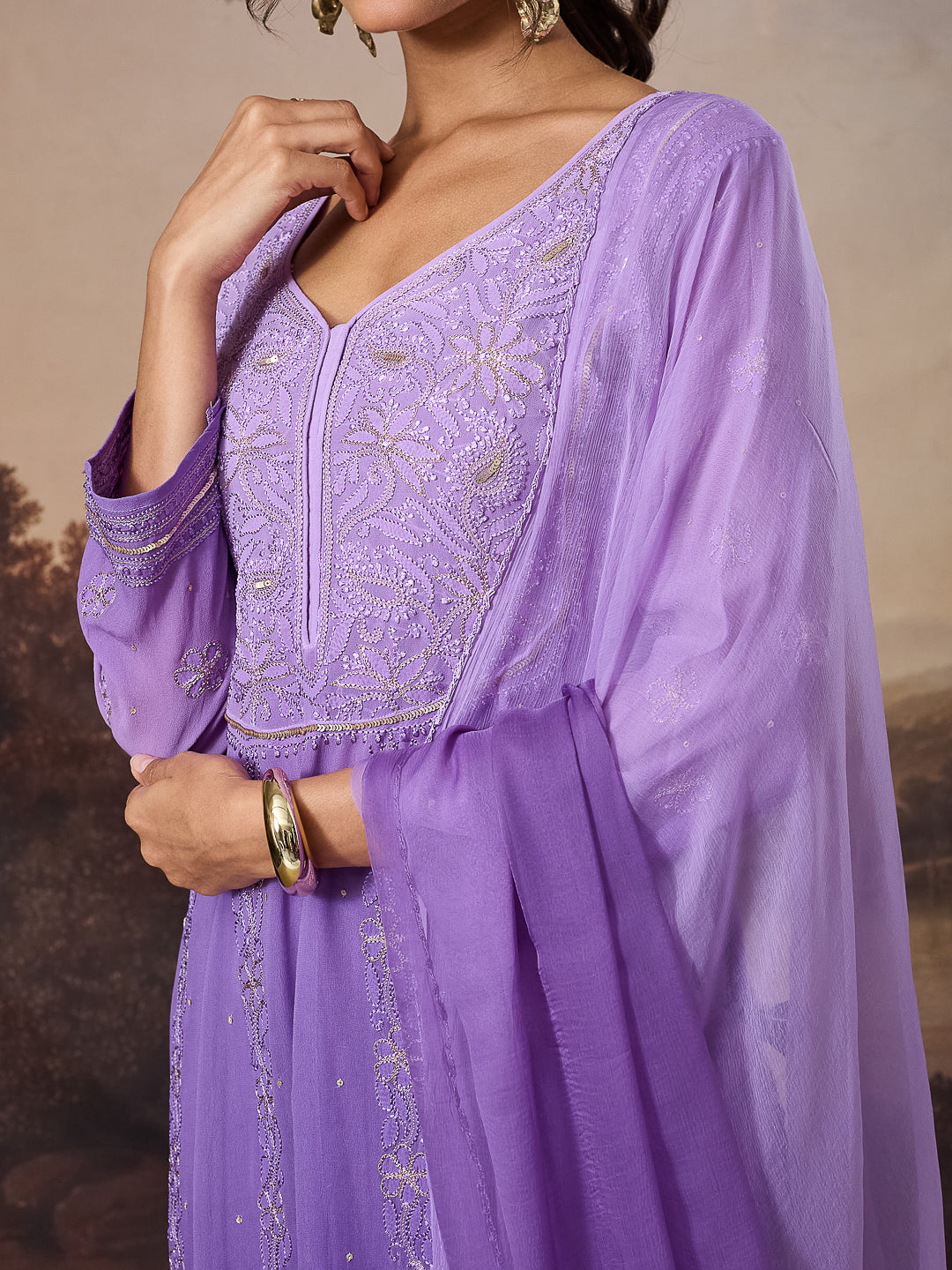 ANARA CHIKANKARI GEORGETTE PURPLE ANARKALI SET