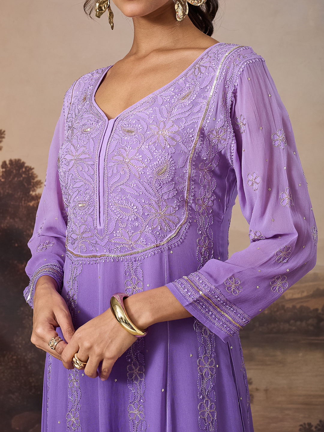 ANARA CHIKANKARI GEORGETTE PURPLE ANARKALI SET
