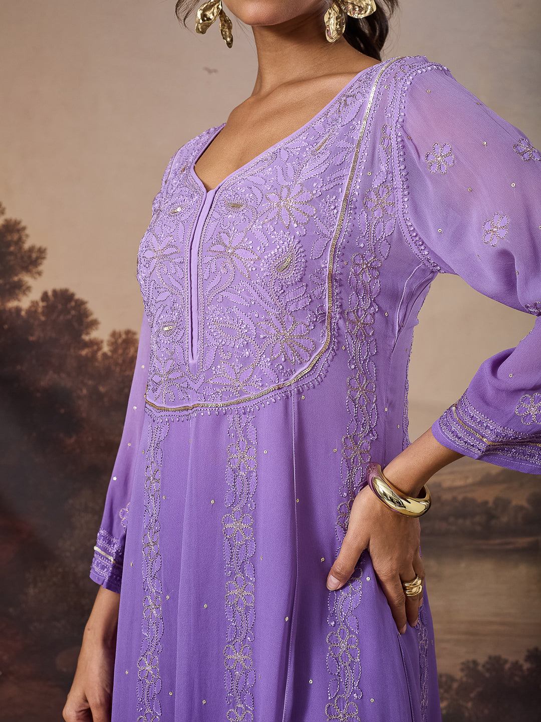 ANARA CHIKANKARI GEORGETTE PURPLE ANARKALI SET