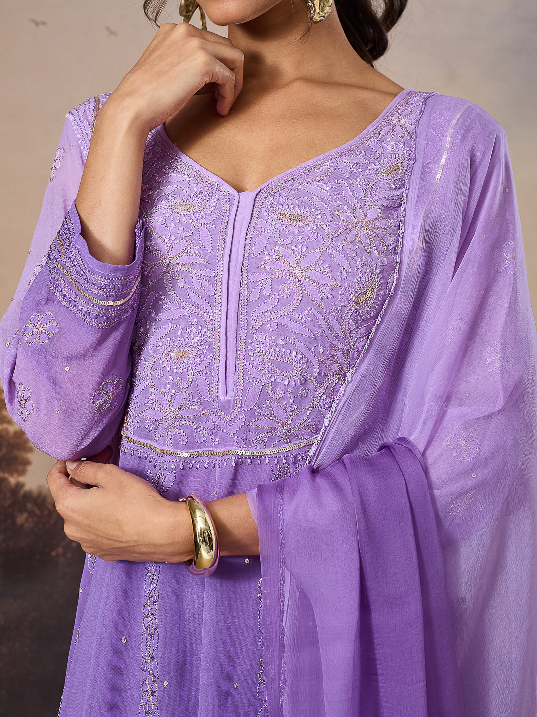 ANARA CHIKANKARI GEORGETTE PURPLE ANARKALI