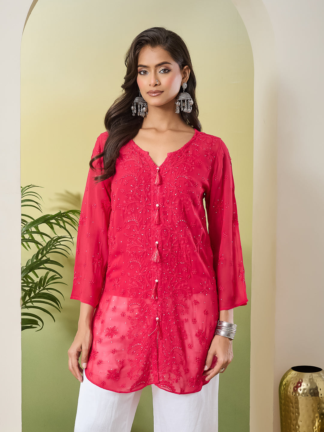 JUHI CHIKANKARI GEORGETTE MAGENTA TOP