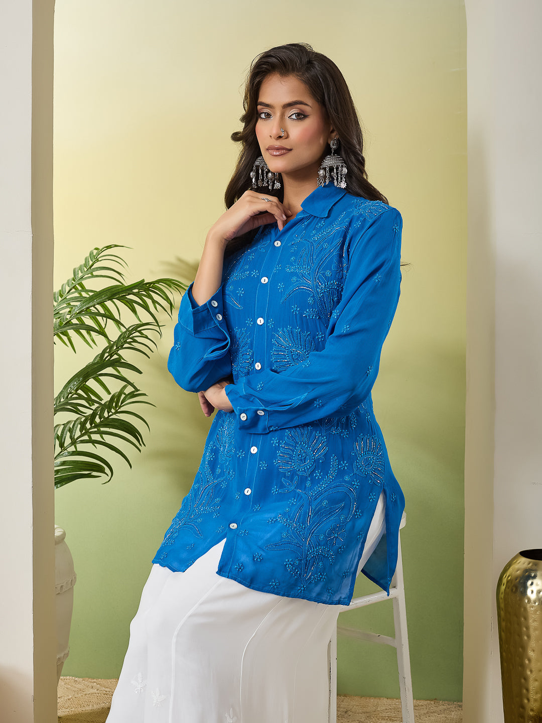 SANIHA CHIKANKARI BLUE GEORGETTE SHIRT