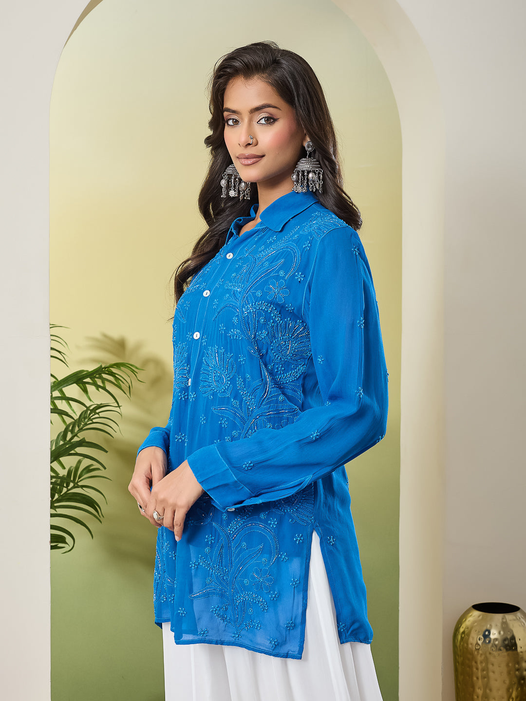 SANIHA CHIKANKARI BLUE GEORGETTE SHIRT