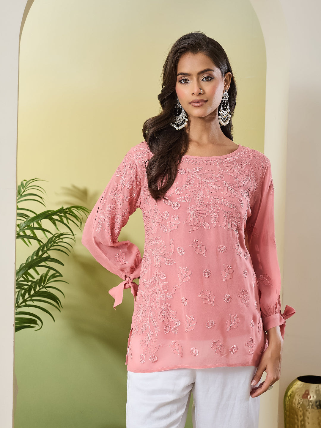 LIANA CHIKANKARI PEACH GEORGETTE TOP