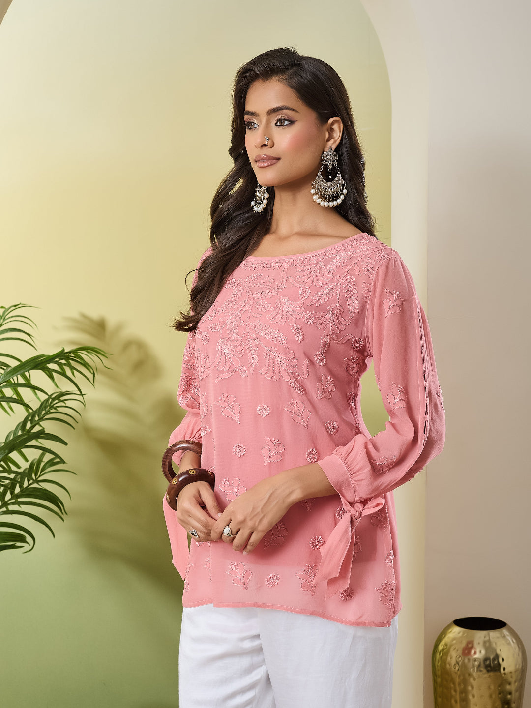 LIANA CHIKANKARI PEACH GEORGETTE TOP