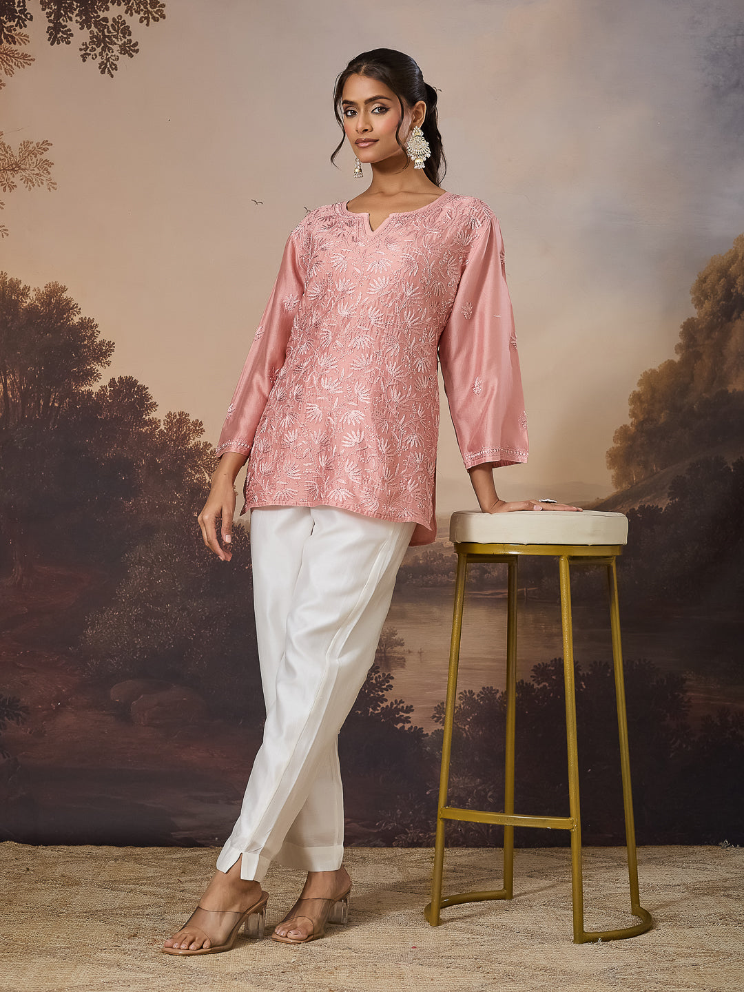 ARAVINI CHIKANKARI CHANDERI CORAL TOP