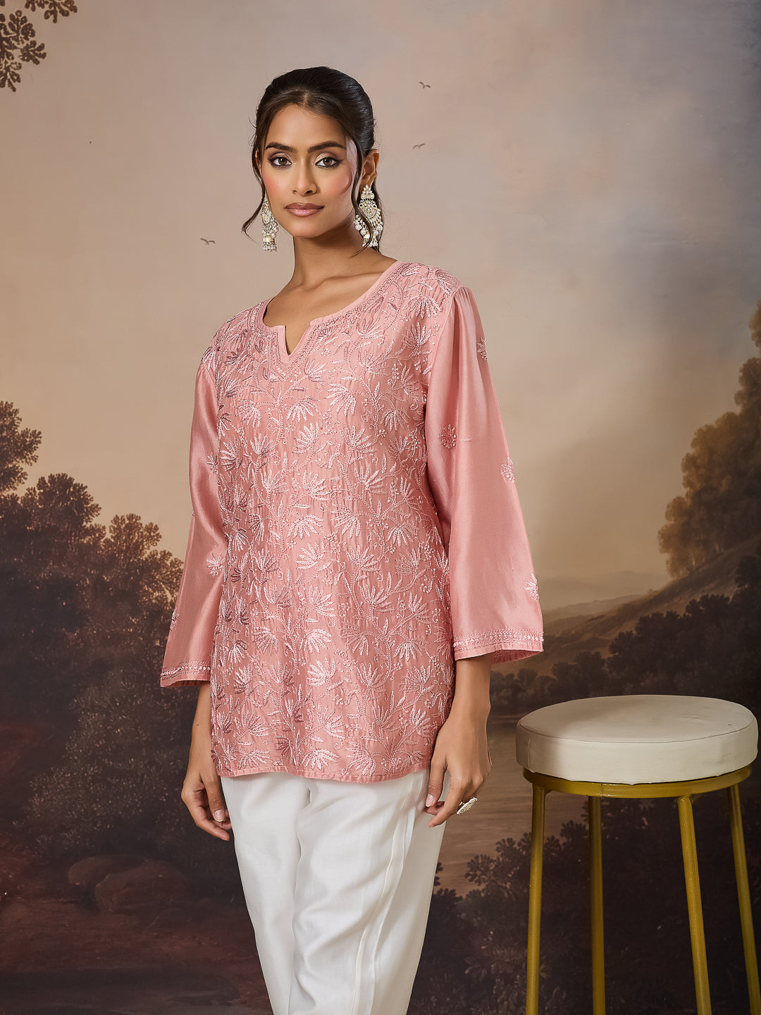 ARAVINI CHIKANKARI CHANDERI CORAL TOP