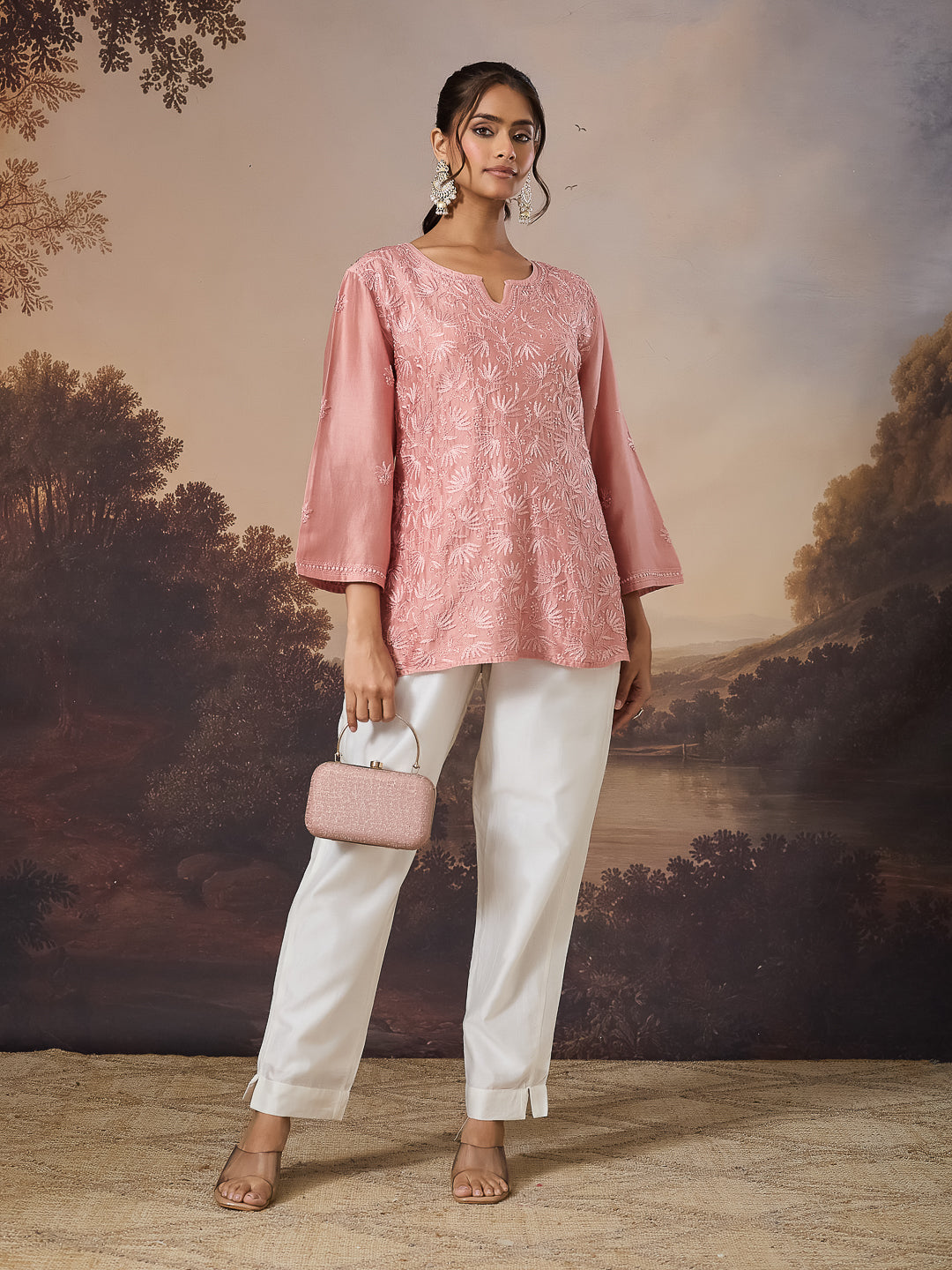 ARAVINI CHIKANKARI CHANDERI CORAL TOP