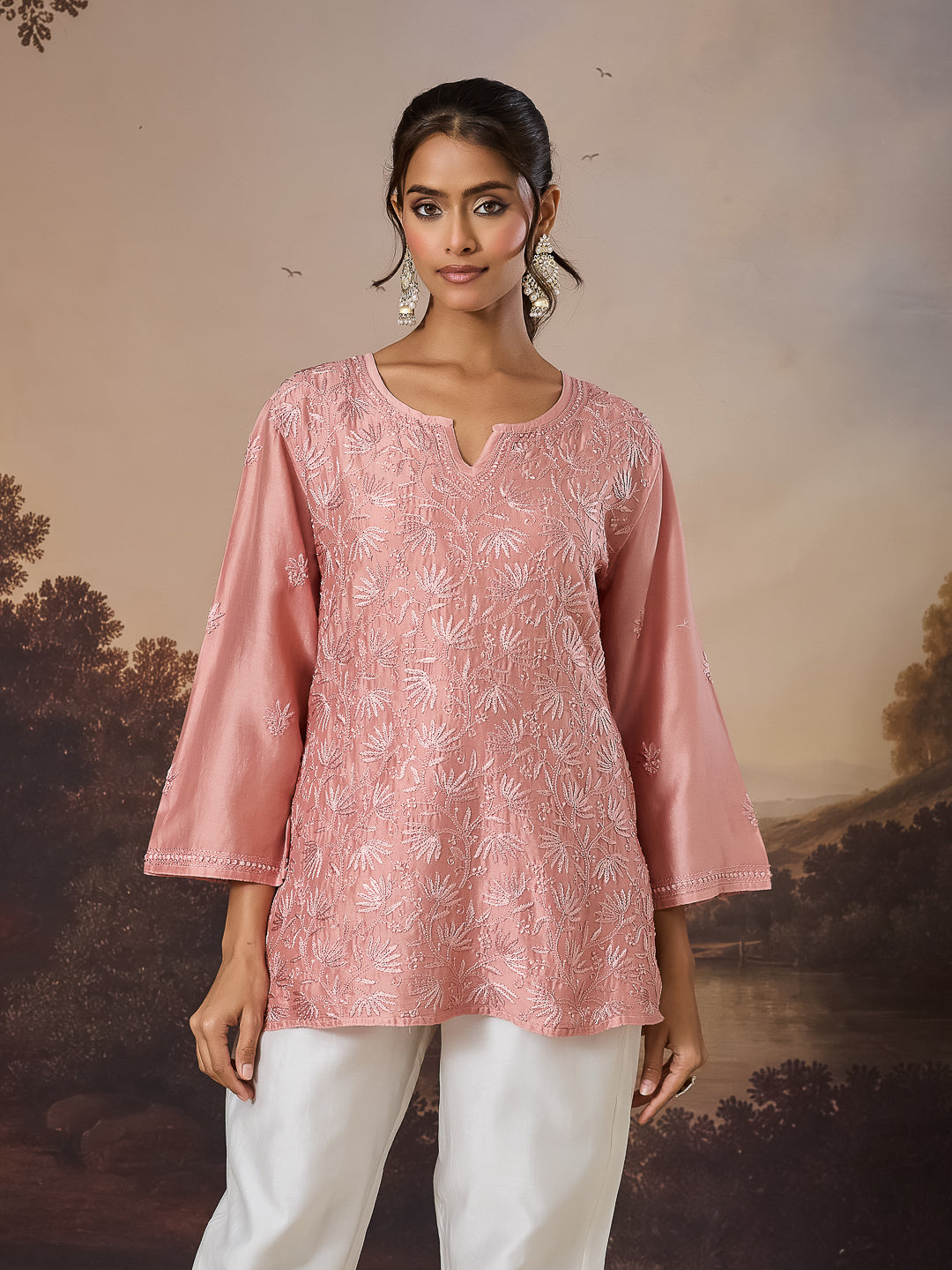 ARAVINI CHIKANKARI CHANDERI CORAL TOP