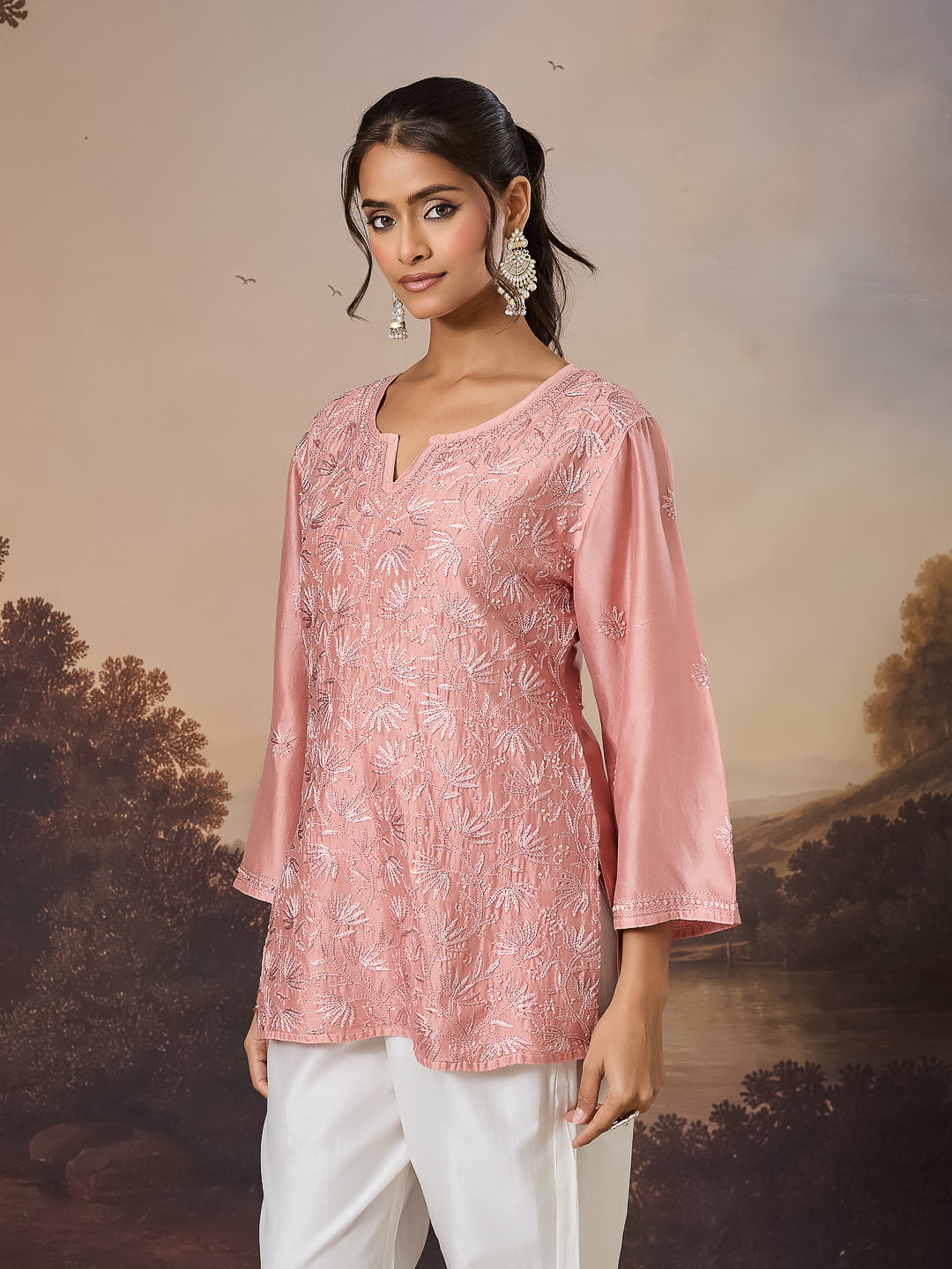 ARAVINI CHIKANKARI CHANDERI CORAL TOP
