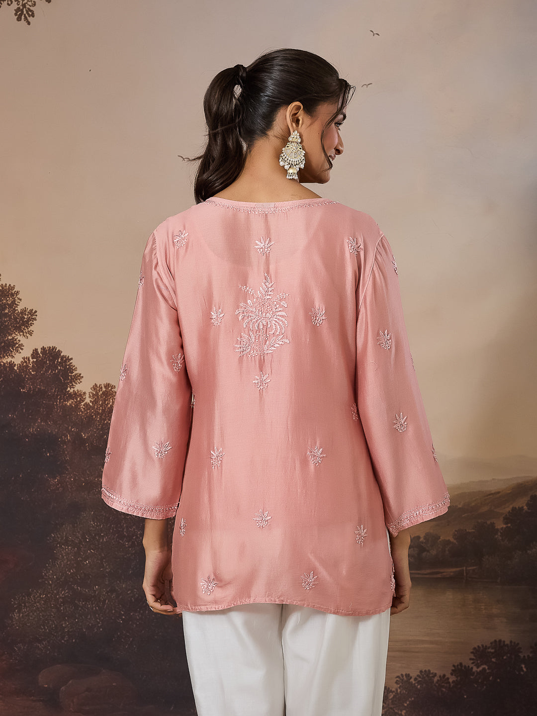 ARAVINI CHIKANKARI CHANDERI CORAL TOP