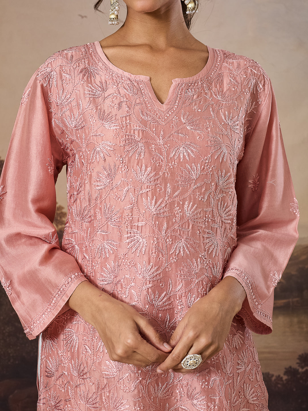 ARAVINI CHIKANKARI CHANDERI CORAL TOP