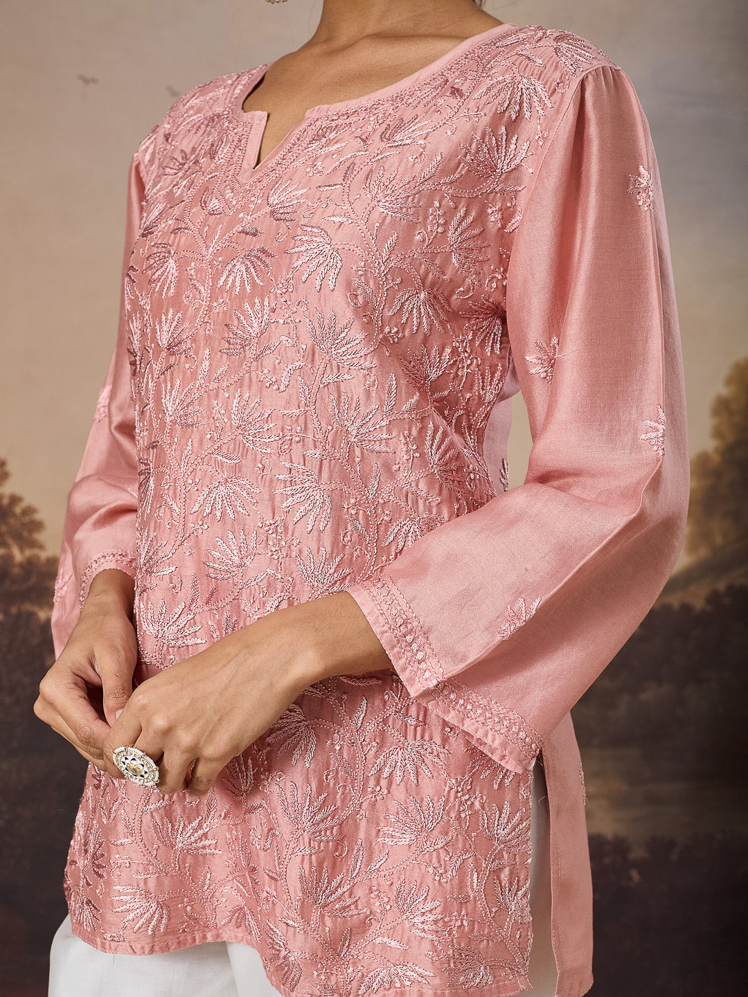 ARAVINI CHIKANKARI CHANDERI CORAL TOP