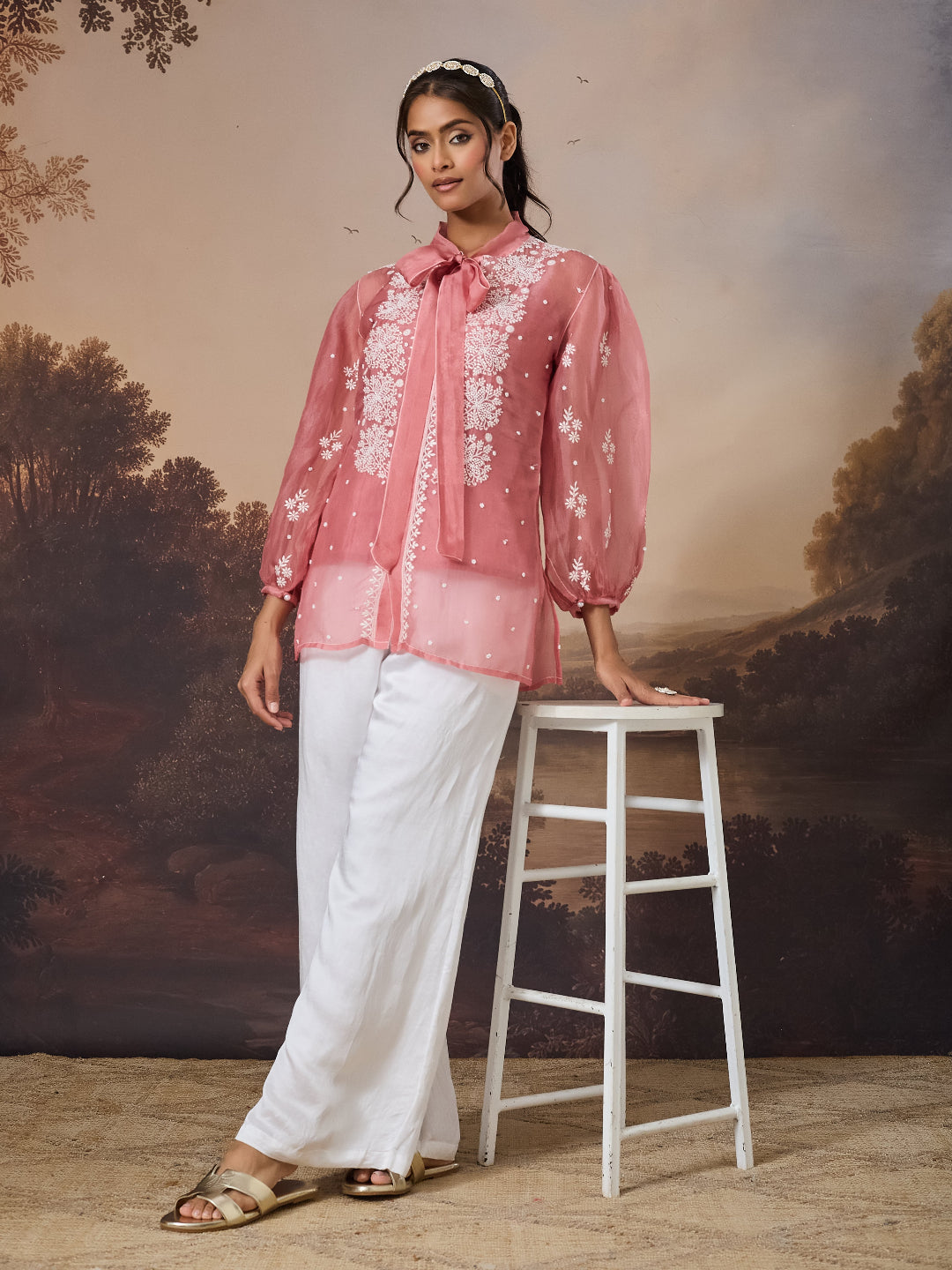 RIFA CHIKANKARI ORGANZA PEACH TOP