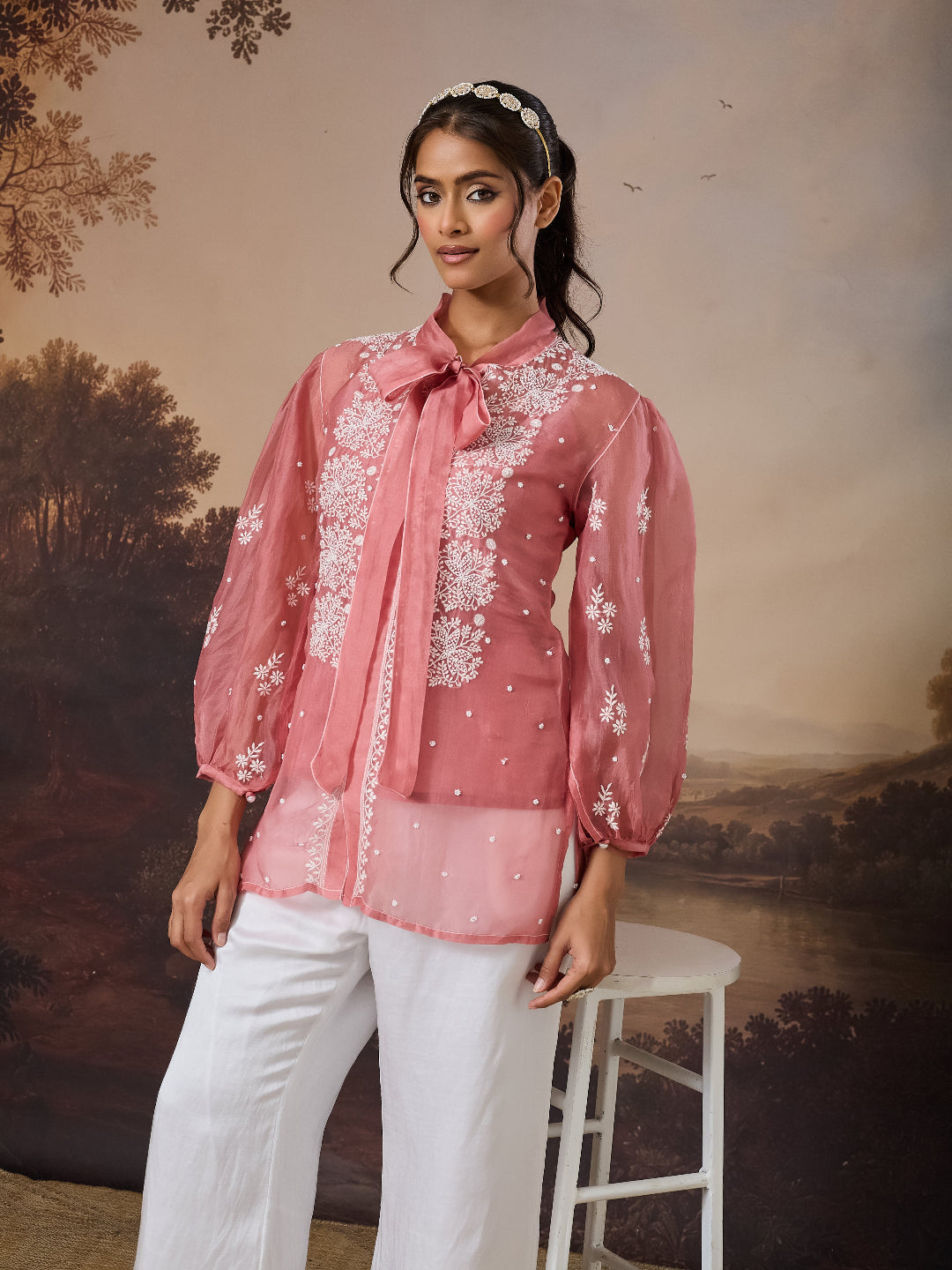 RIFA CHIKANKARI ORGANZA PEACH TOP